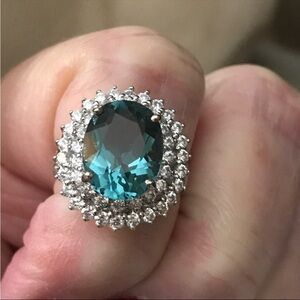 Genuine Unheated Aquamarine Showstopper Ring Manmade SAPP 925SILVER 5.75